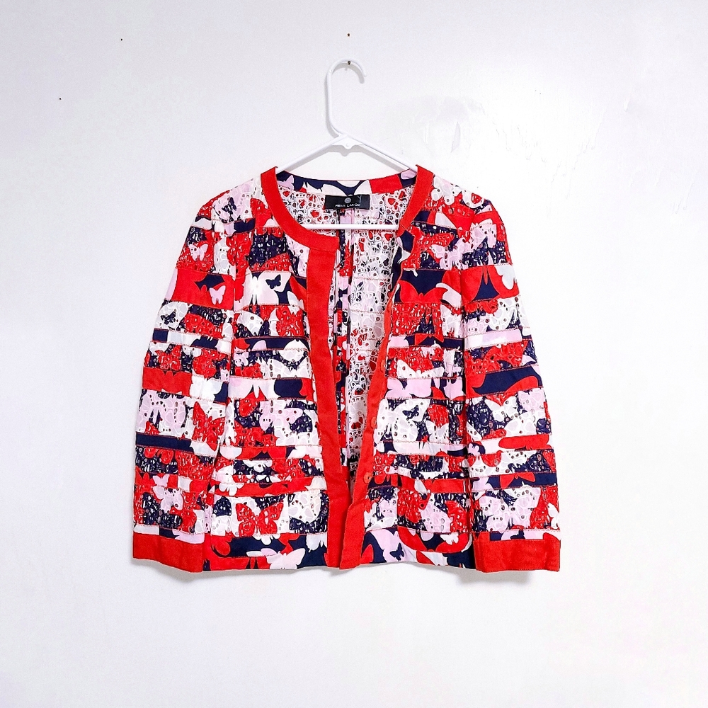 RENA LANGE 100% Cotton Red Eyelet Floral Boho Butterfly Blazer size 8